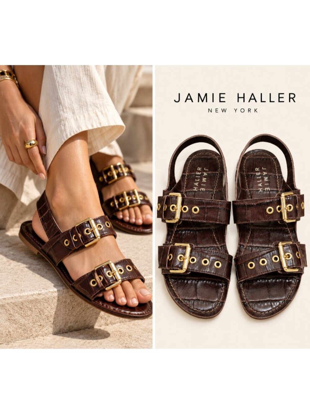 Jamie Haller Women's Croc Embossed Leather Buckle Sandals Brown EU 39 NWOB